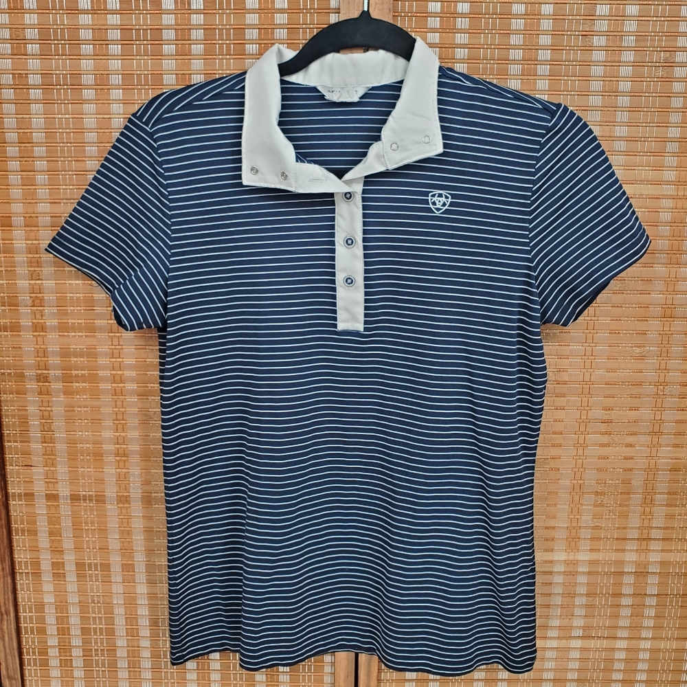 ♡ Ariat Pro Series Navy and White Striped Polo Shirt Size Small